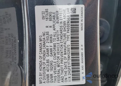 2022 Honda Civic Ex из США, поврежденный, VIN 2HGFE1F75NH326970